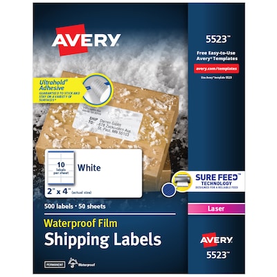 Avery Waterproof Laser Shipping Labels, 2" x 4", Matte White, 10 Labels/Sheet, 50 Sheets/Box, 500 Labels/Box (5523)