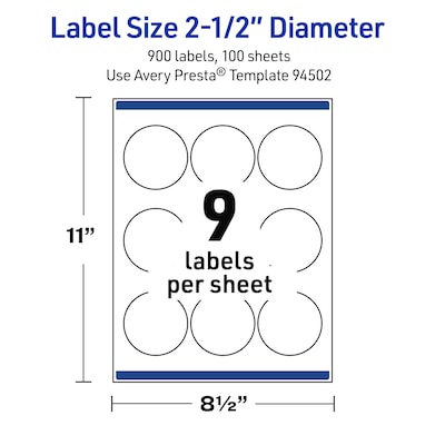 Avery Round Laser Multipurpose Labels, 2.5" Dia., White, 900/Box (19479399411)