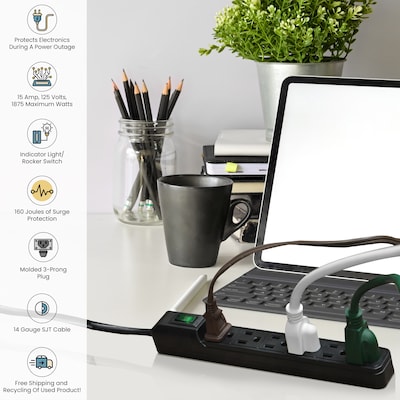 GoGreen Power 6 Outlet Mini Surge Protector, 2' cord, Black (GG-16103MINBK)