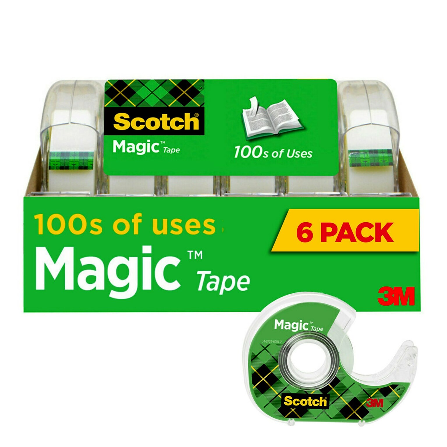 Scotch Magic Invisible Clear Tape With Dispenser, 0.75 x 18 yds., 1 Core, Transparent, 6 Rolls/Pack (6122)