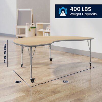 Flash Furniture Wren Kidney Activity Table, 72" x 48", Height Adjustable, Light Natural Top/Silver Frame (XUA4872KDLNTPC)