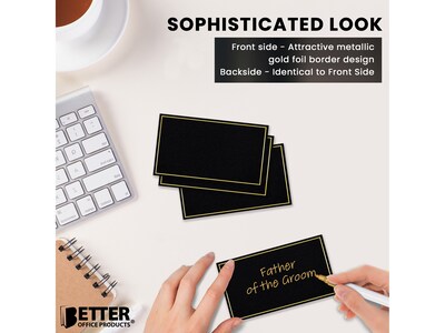 Better Office 2" x 3.5" Matte Black/Gold Table Tent Place Card, 100/Pack (64647-100PK)