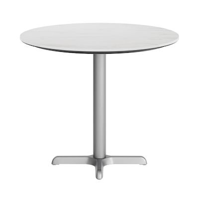Flash Furniture Acadia 31.25" Round Wooden Dining Table with X-Base, White Faux Marble/Silver Base (STRD31WMAT2222S)