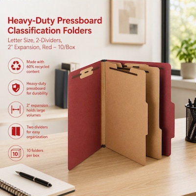 Staples 60% Recycled Heavy Duty Pressboard Classification Folder, 2-Dividers, 2" Expansion, Letter Size, Red, 10/Box (ST62560)