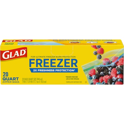 Glad Zipper Freezer Storage Bags, Quart, 20 Bags/Box (57035)