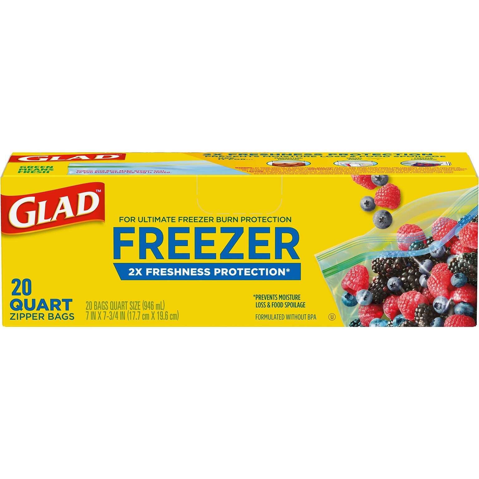 Glad Zipper Freezer Storage Bags, Quart, 20 Bags/Box (57035)