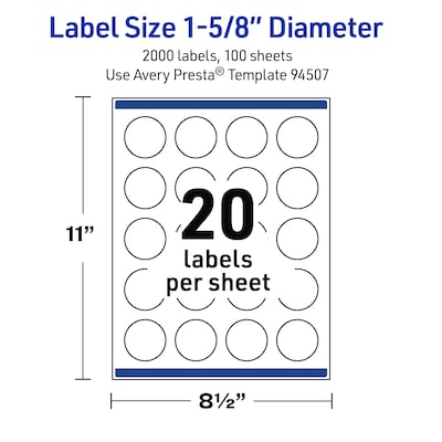 Avery Round Laser Multipurpose Labels, 1-5/8" Dia., White, 2000/Box (19479399431)