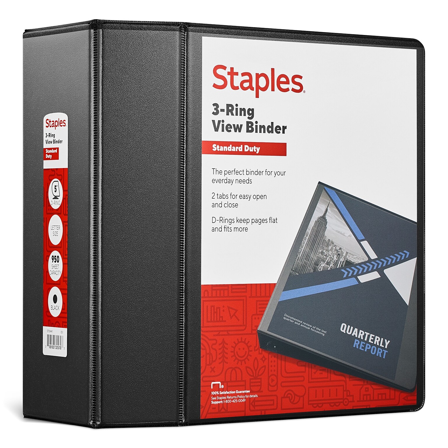 Staples® Standard 5 3 Ring View Binder with D-Rings, Black (26359-CC)