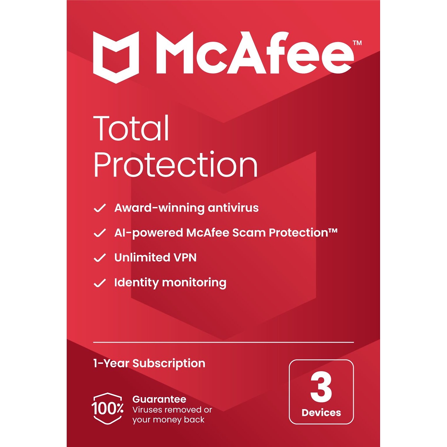 McAfee Total Protection for 3 Users, Windows/Mac/Android/iOS/ChromeOS, Product Key Card (MTP21EST3RAAM)