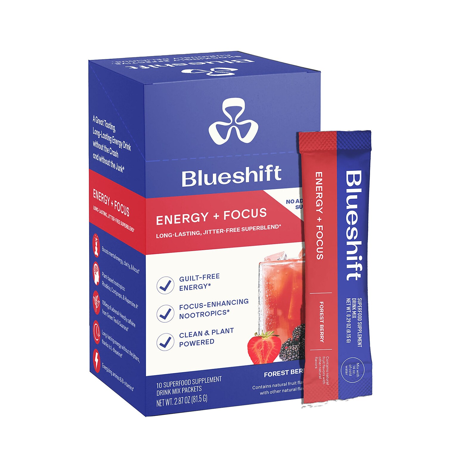 Blueshift Energy & Focus Forest Berry Powder Drink Mix, 10/Packets/Box, 2/Box (600-04167)