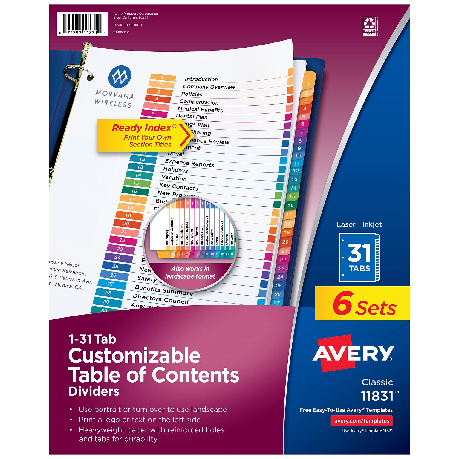 Avery Ready Index Table of Contents Paper Dividers, 1-31 Tabs, Multicolor, 6 Sets/Pack (11831)