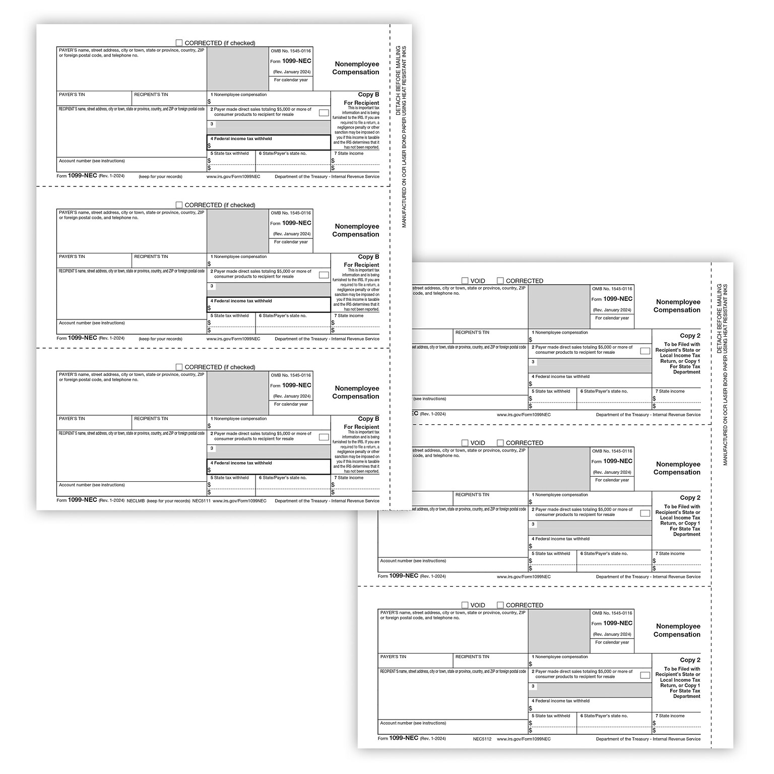 ComplyRight 2024 1099-NEC Tax Form Recipient Copy Only, 3-Part, 3-Up, Copy B, C/2, 50/Pack (NEC6113)