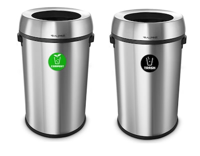 Alpine Industries Stainless Steel Compost and Trash Station with Open Lid, 17 Gallon, Silver, 2/Pack (ALP470-65L-CO-T)