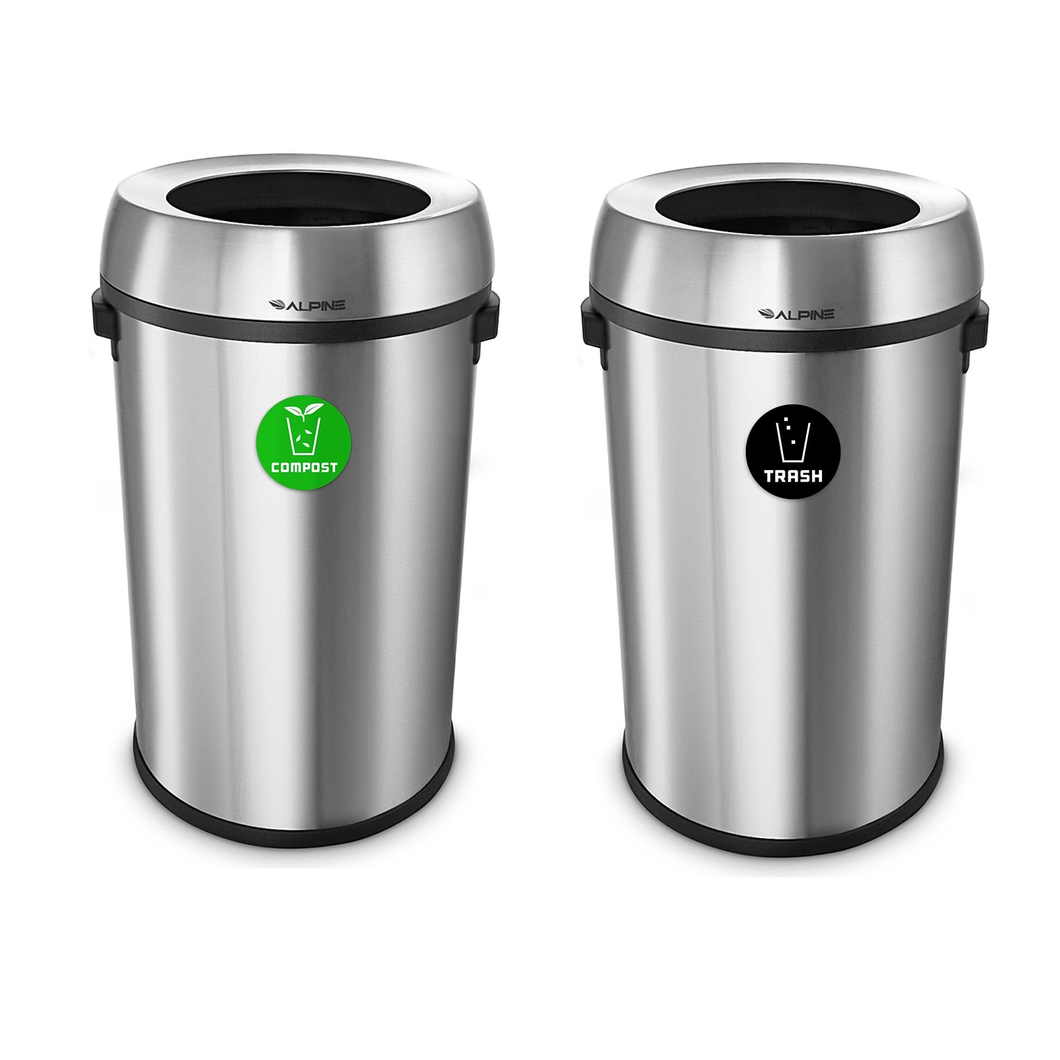 Alpine Industries Stainless Steel Compost and Trash Station with Open Lid, 17 Gallon, Silver, 2/Pack (ALP470-65L-CO-T)