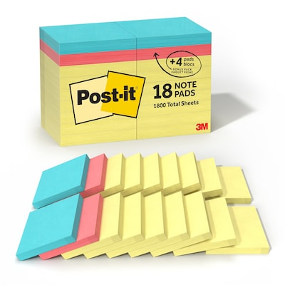 Post-it Notes, 3 x 3, Canary Collection, 100 Sheet/Pad, 18 Pads/Pack (654144B)