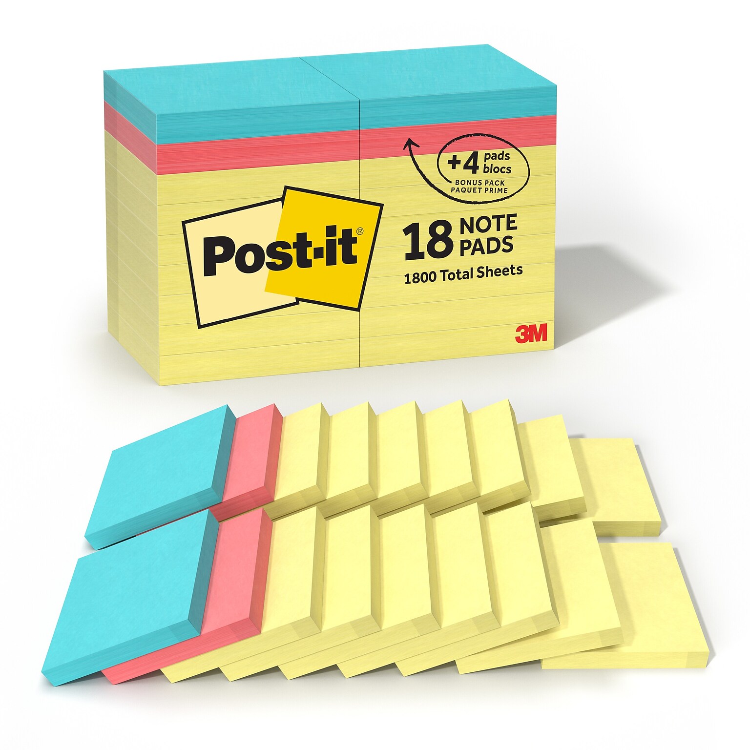 Post-it Notes, 3 x 3, Canary Collection, 100 Sheet/Pad, 18 Pads/Pack (654144B)