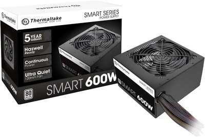 Thermaltake SMART Series 600W ATX 80 Plus Certified Active PFC Power Supply, Black (PS-SPW-0600NNFAWU-1)