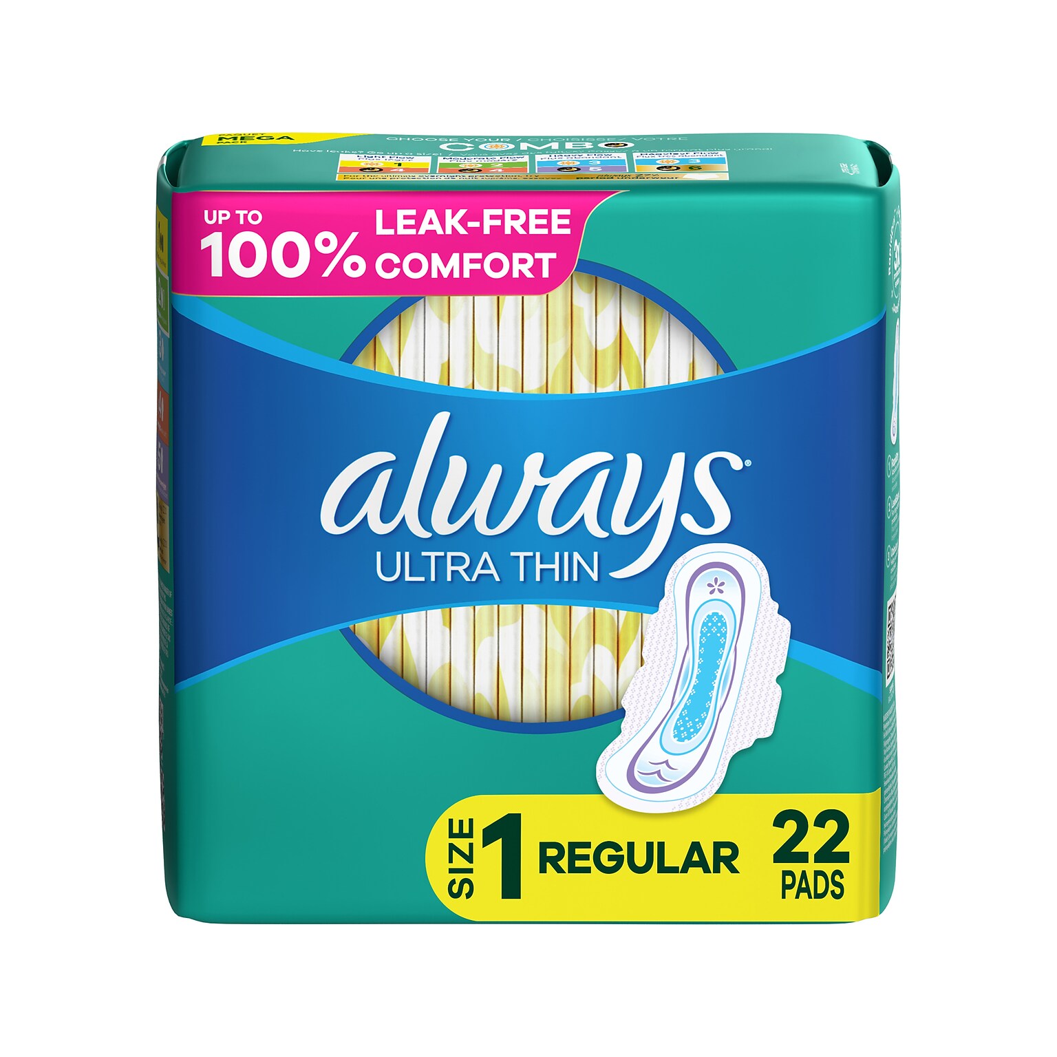 Always Ultra Thin Regular Pad with Wings, Unscented, 22/Pack, 12 Packs/Carton (03339)