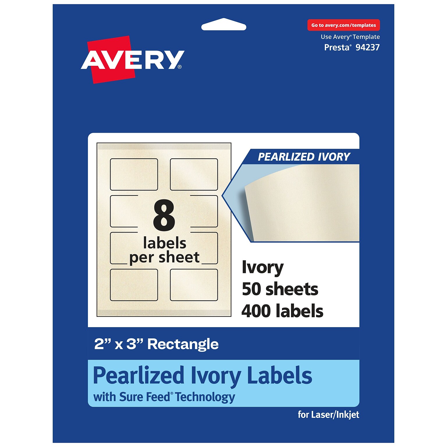 Avery Laser/Inkjet Rectangle Pearlized Labels, 2 x 3, Ivory, 400 Labels/Box (94237)