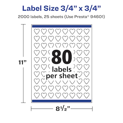 Avery Waterproof Heart Shaped Laser/Inkjet Multipurpose Labels, 0.75" x 0.75", White, 2000/Pack (94601)