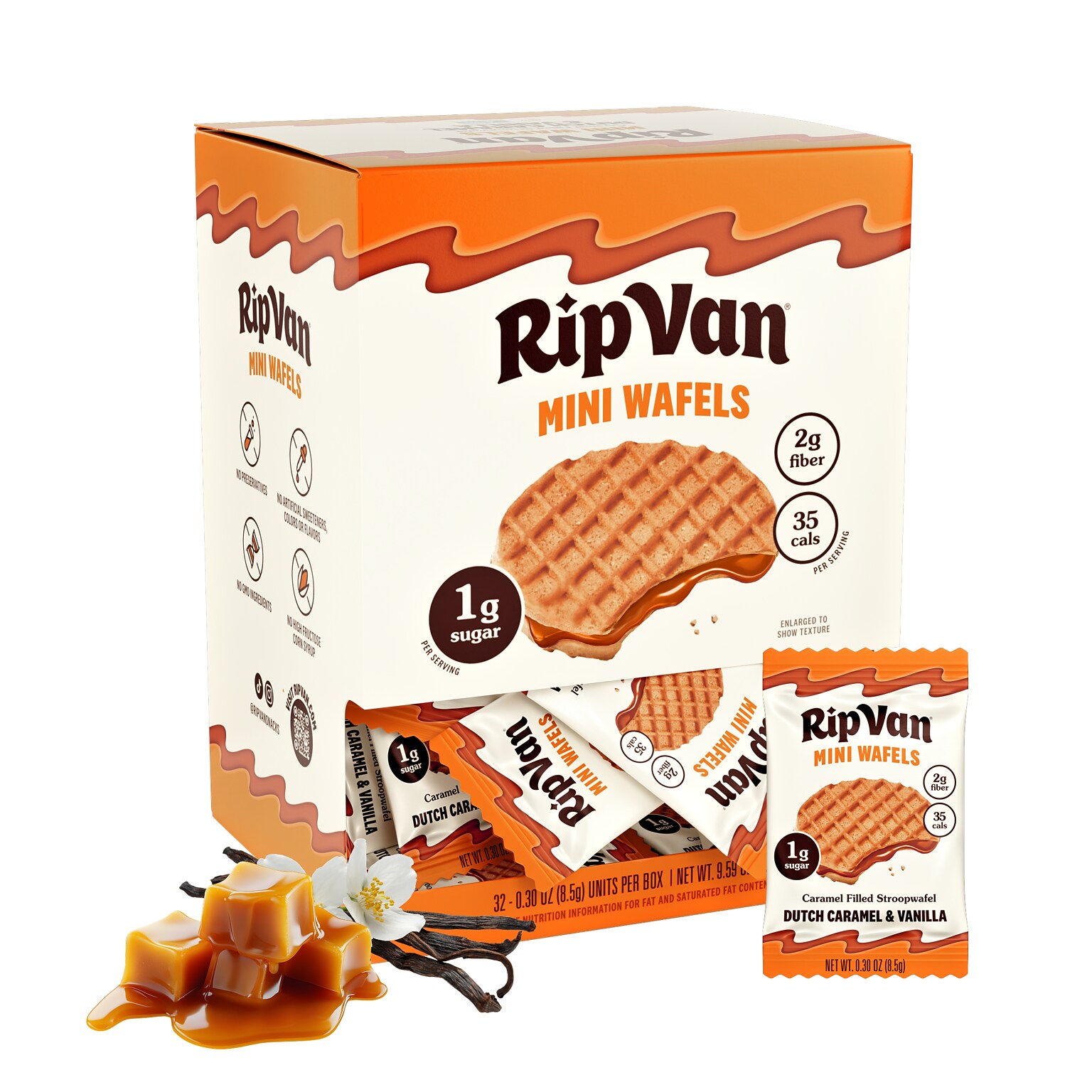 Rip Van Minis Dutch Caramel & Vanilla Wafers, 0.28 oz., 32 Packs/Box (8916)