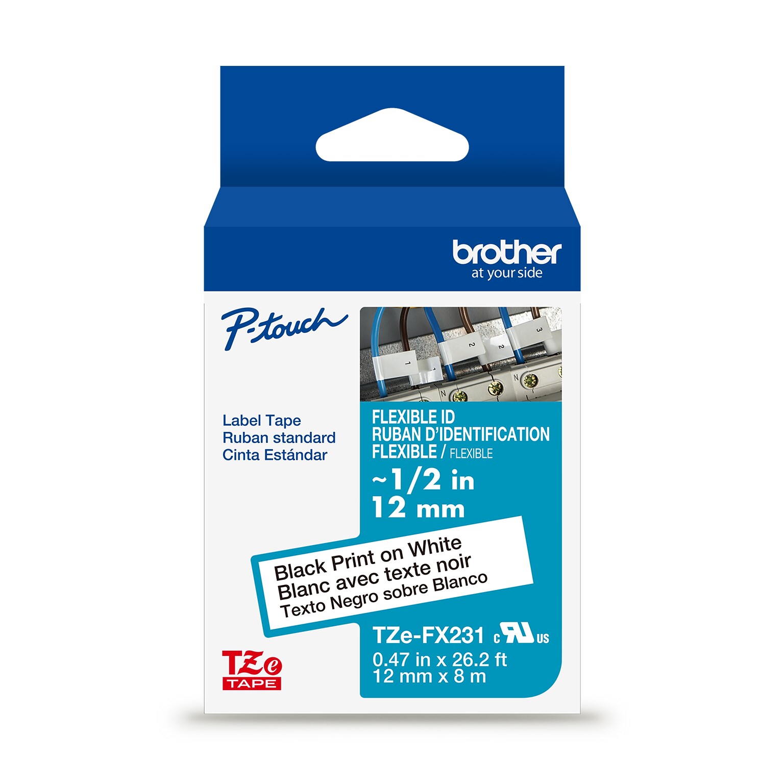 Brother P-touch Flexible ID Laminated Label Tape, 1/2 x 26.2, Black on White (TZeFX231)