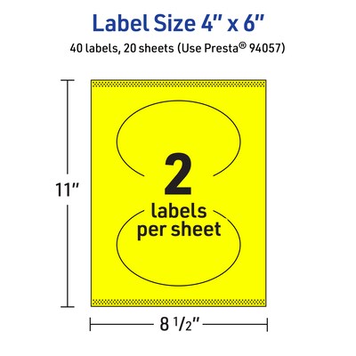 Avery Oval Laser/Inkjet Multipurpose Labels, 4" x 6", Neon Yellow (40/Pack)