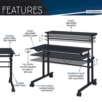 Techni Mobili 36" Mobile Desk, Black (RTA-3800SU-BK)