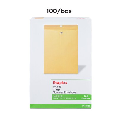Staples Kraft Clasp & Moistenable Glue Catalog Envelopes, 10" x 13", Brown, 100/Box (ST187039-CC)