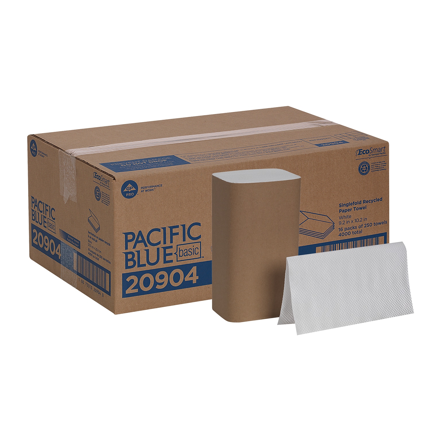 Pacific Blue Basic Recycled Single Fold Paper Towels, 1-ply, 250 Sheets/Pack, 16 Packs/Carton (20904)