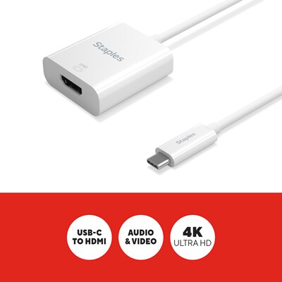 Staples TECH USB-C to HDMI Adapter – Audio/Video Converter for Monitors, TVs & Projectors, Male-to-Female, White