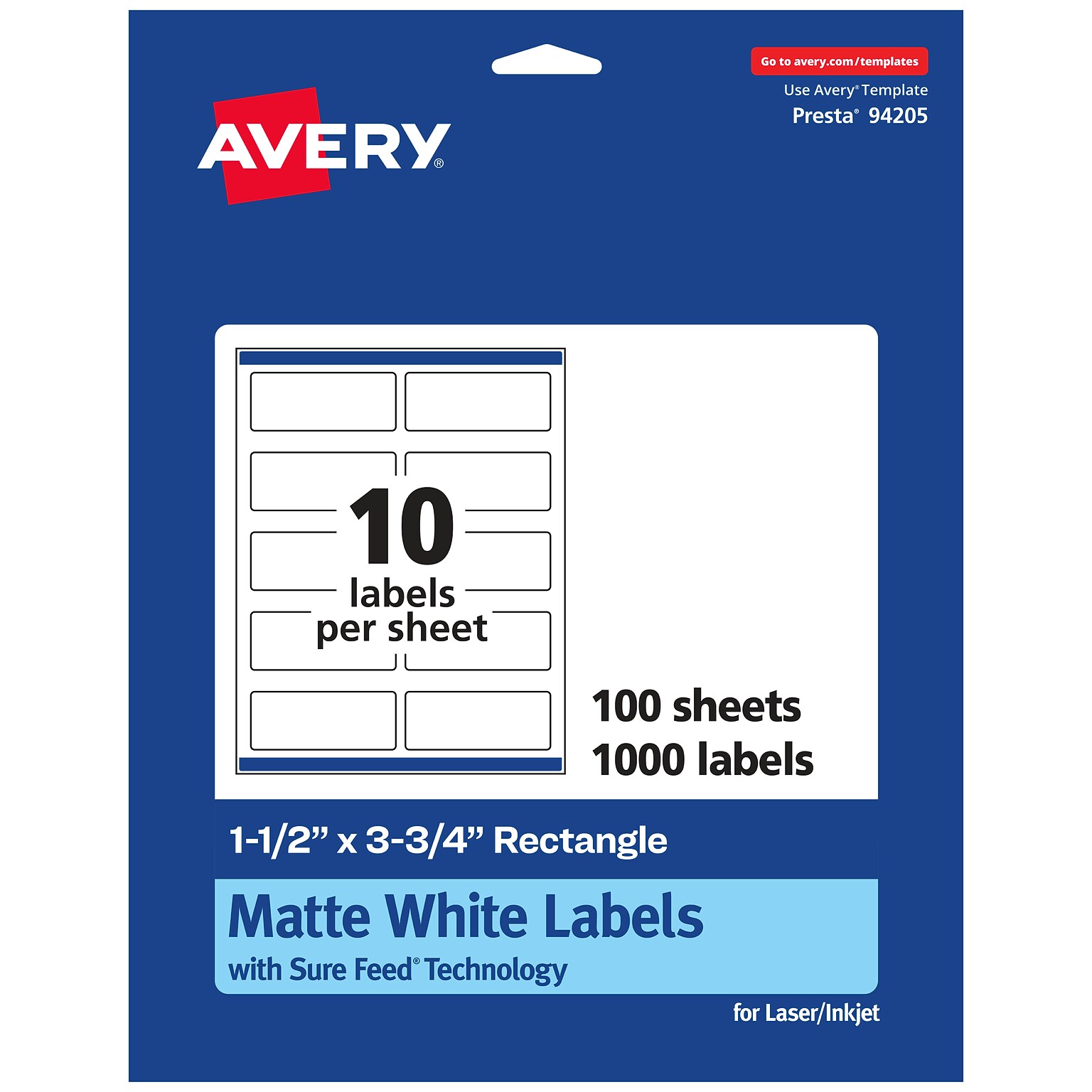 Avery Laser/Inkjet Rectangle Multipurpose Labels, 1.5 x 3.75, White, 1000 Labels/Box  (94205)