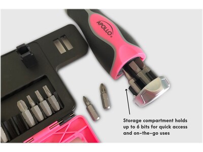 Apollo Tools 13-in-1 Ratcheting Screwdriver with Bit Set, Pink/Black (DT5021P)
