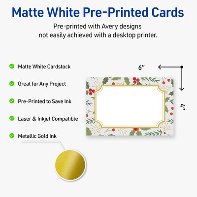 Avery Gold-Blue Border Berries Matte Blank Card, White, 20/Pack (S00-FEC)