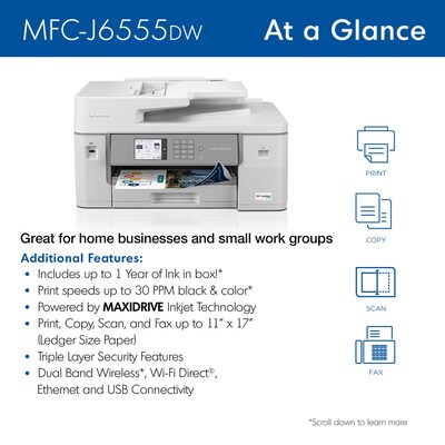 Brother INKvestment Tank MFC-J6555DW Wireless Color Inkjet Printer, All-In-One Supertank, Print, Sca
