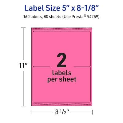 Avery Rectangle Laser/Inkjet Multipurpose Labels, 5" x 8-1/8", Bright Pink (160/Box)