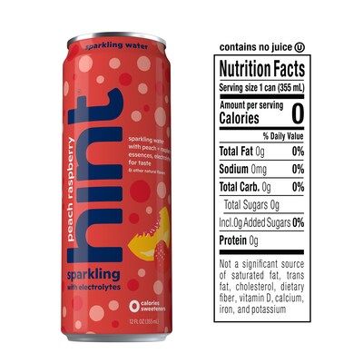 Hint Peach Raspberry Sparkling Water with Electrolytes, 12 fl. oz., 12 Cans/Carton (HINT-PRCAN-E)