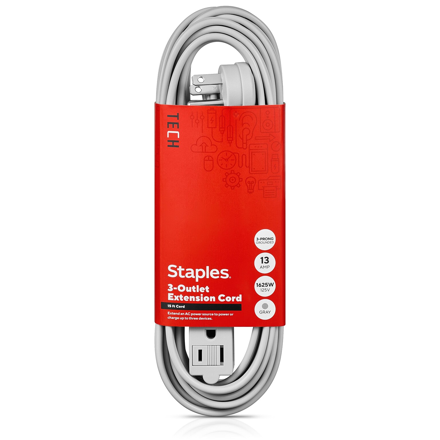 Staples TECH 15 Extension Cord, 3-Outlet, 16 AWG, Gray (ST22130-CC)