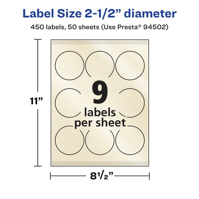 Avery Pearlized Ivory Circle Multipurpose Labels, 2.5" Dia., Ivory, 450/Box (94502)