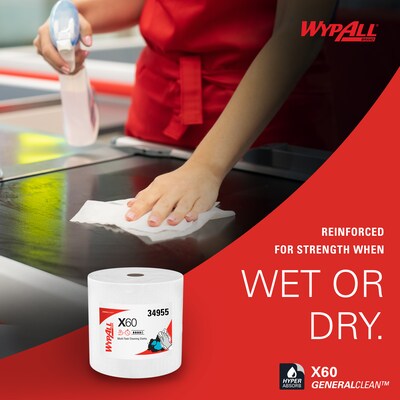 WypAll GeneralClean X60 Nylon Cleaning Wipers, 13.4" x 12.5", White, 1100 Sheets/Roll, 1100 Wipers/Box (34955)