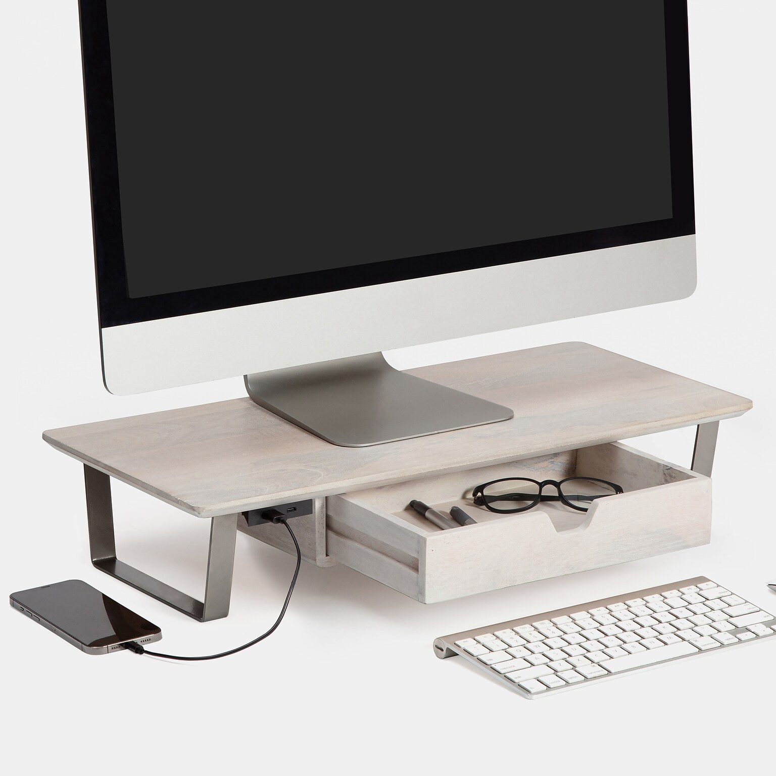 Anji Mountain Mango Wood & Metal Monitor Stand, Up to 32 Monitor, White Wash (MS-WWS-06NKL-PD)