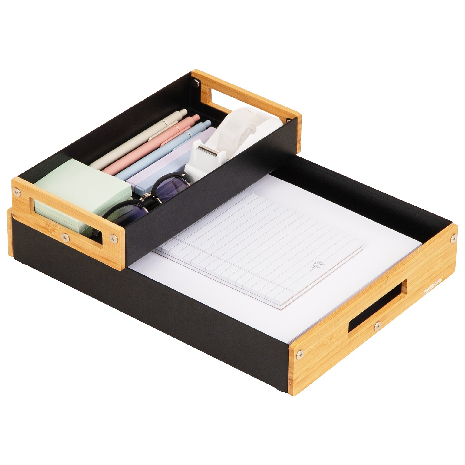 Mind Reader 2-Compartment Metal/Wood Tiered Desktop Organizer Trays, Black (2TRAY-BLK)