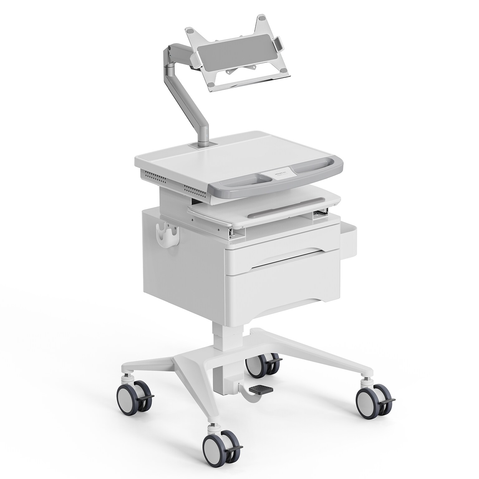 Mount-It! MedHub Mobile Medical Cart Workstation with Drawers, Laptop Arm, and Locking Caster Wheels, White/Grey (MI-16027)