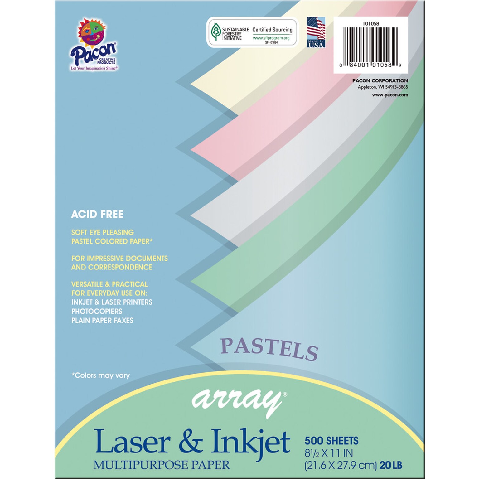 Pacon® Array® Pastels Colored Paper, 20 lbs., 8.5 x 11, Assorted Colors, 500 Sheets/Ream (PAC101058)