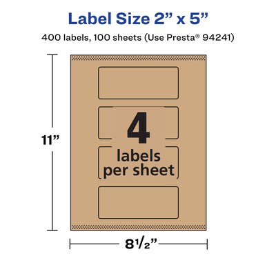 Avery Laser/Inkjet Rectangle Multipurpose Labels, 2" x 5", Kraft Brown, 400 Labels/Box ( 94241)