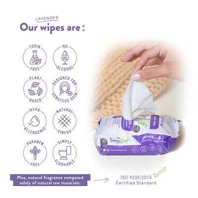 Simpleaf Lavender Scented Flushable Wipes, 25 Single Wipes/Pack, 12 Packs/Box (S-003-12pack)