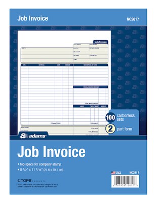 Adams® Job Invoice Form, Ruled, 8" x 11", 2-Part, White, 100 Sheets/Pack (NC2817)