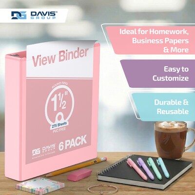 Davis Group, 1.5", 8.5" x 11", Round Ring View Binder, Assorted Pastel Colors, 6/Pack (7412-88-04)