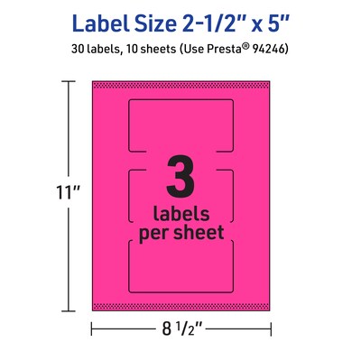 Avery Rectangle Laser/Inkjet Multipurpose Labels, 2.5" x 5", Neon Magenta (30/Pack)