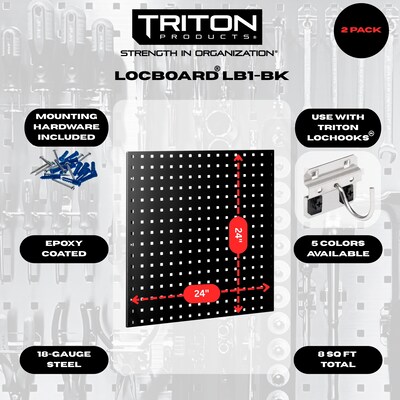 Triton Products LocBoard 24 x 24 x 9/16 Steel Square Hole Pegboards, 2/Set (LB1-BK)